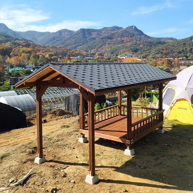 [자연쉼터] 확장형 도색 원두막 정자 (3면 난간과 주춧돌 포함 시공비 별도), 확장형-슁글지붕 (5.0M*2.3M), 4) 밤색