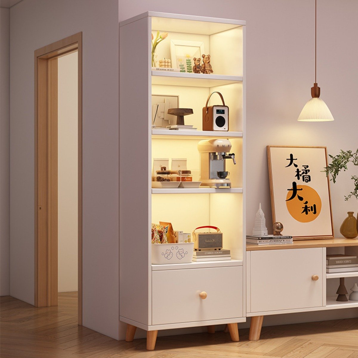리바트 꼼므 1800 슬라이딩 책장 + 800 칸막이 책장 세트 방문설치, 베이지(슬라이딩 책장), 웜화이트(칸막이 책장), 3단쿠폰할인 상세 이미지 1