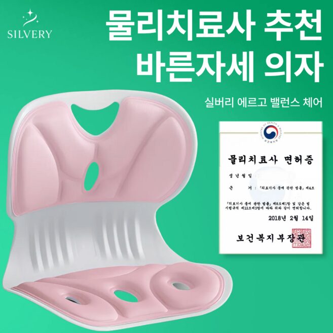 실버리 인체공학 바른자세 등받이 좌식의자, 핑크할인