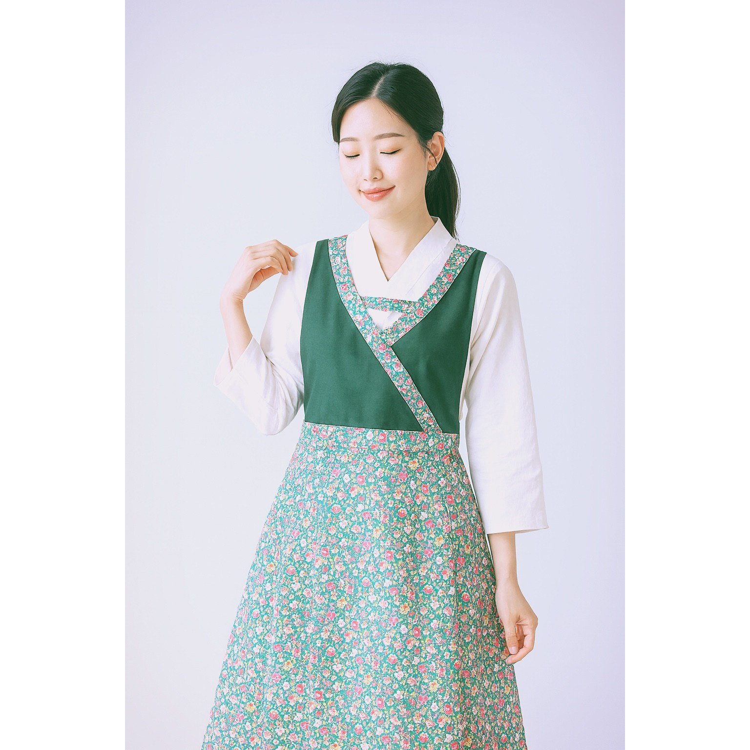 한복앞치마 장금이 원피스앞치마 예쁜 꽃무늬앞치마 업소용 주방앞치마, 1개, 녹색 상세 이미지 2
