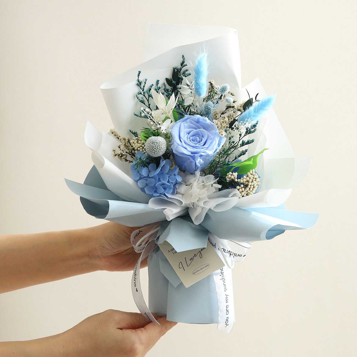 뷰티풀데코센스 생화 프리저브드 꽃다발 + 쇼핑백, 블루, 21.5 x 37 cm 상세 이미지 1